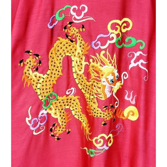 Vintage 50s Chinese 100% Silk Dragon Hand Embroidered Red Open Front Robe - Picture 2 of 9